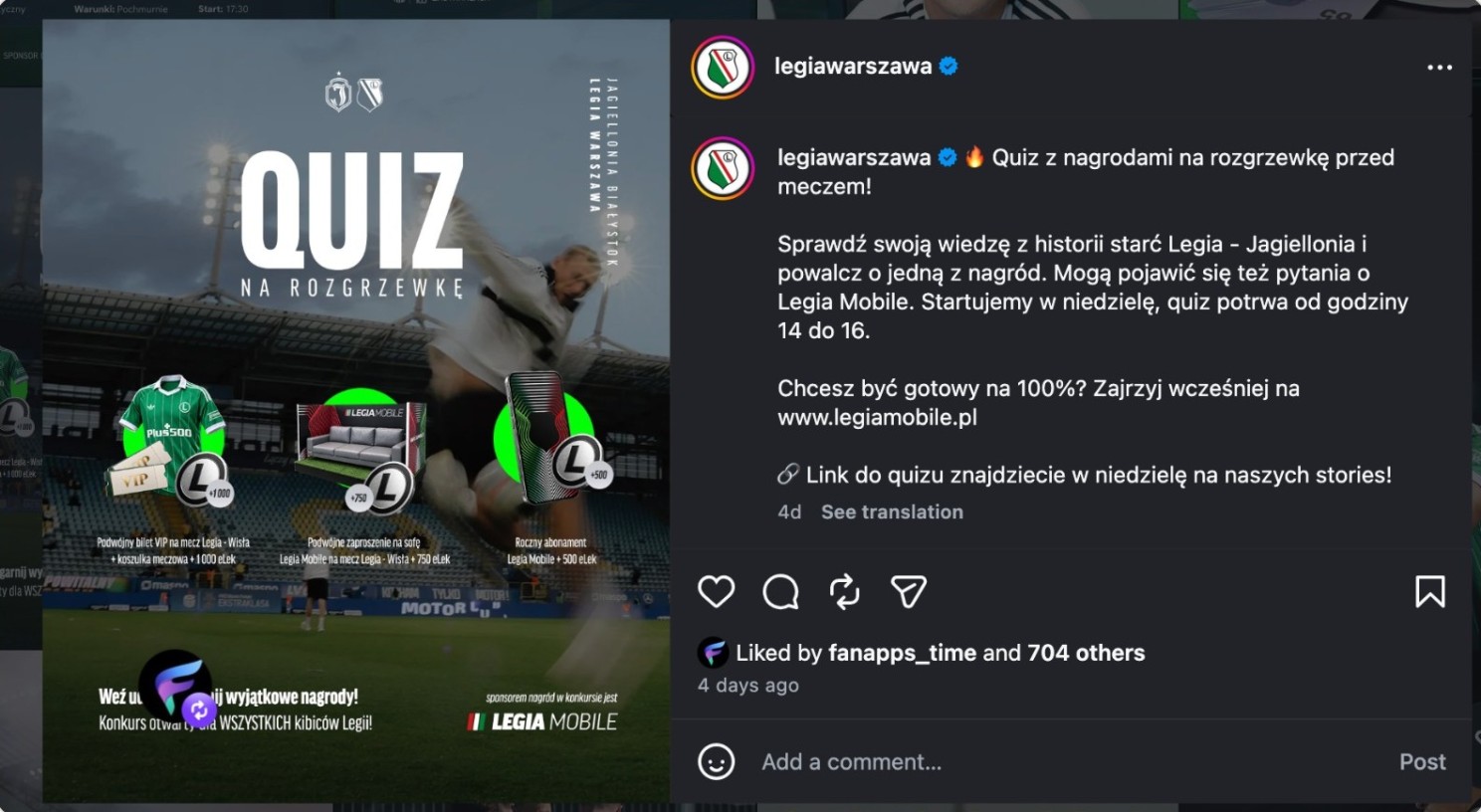 The quiz, announced on Legia's own Instagram