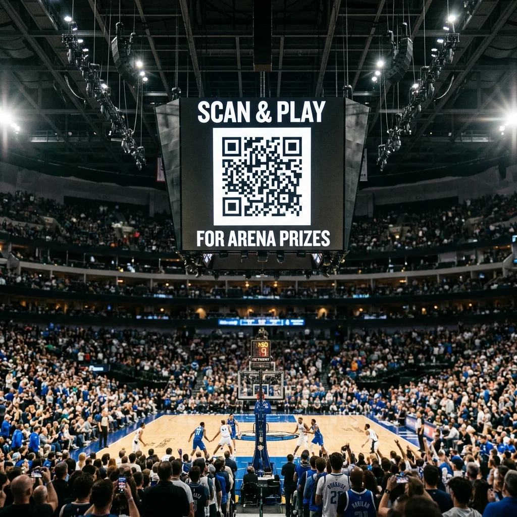 Arena LED screen showing SCAN & PLAY QR code