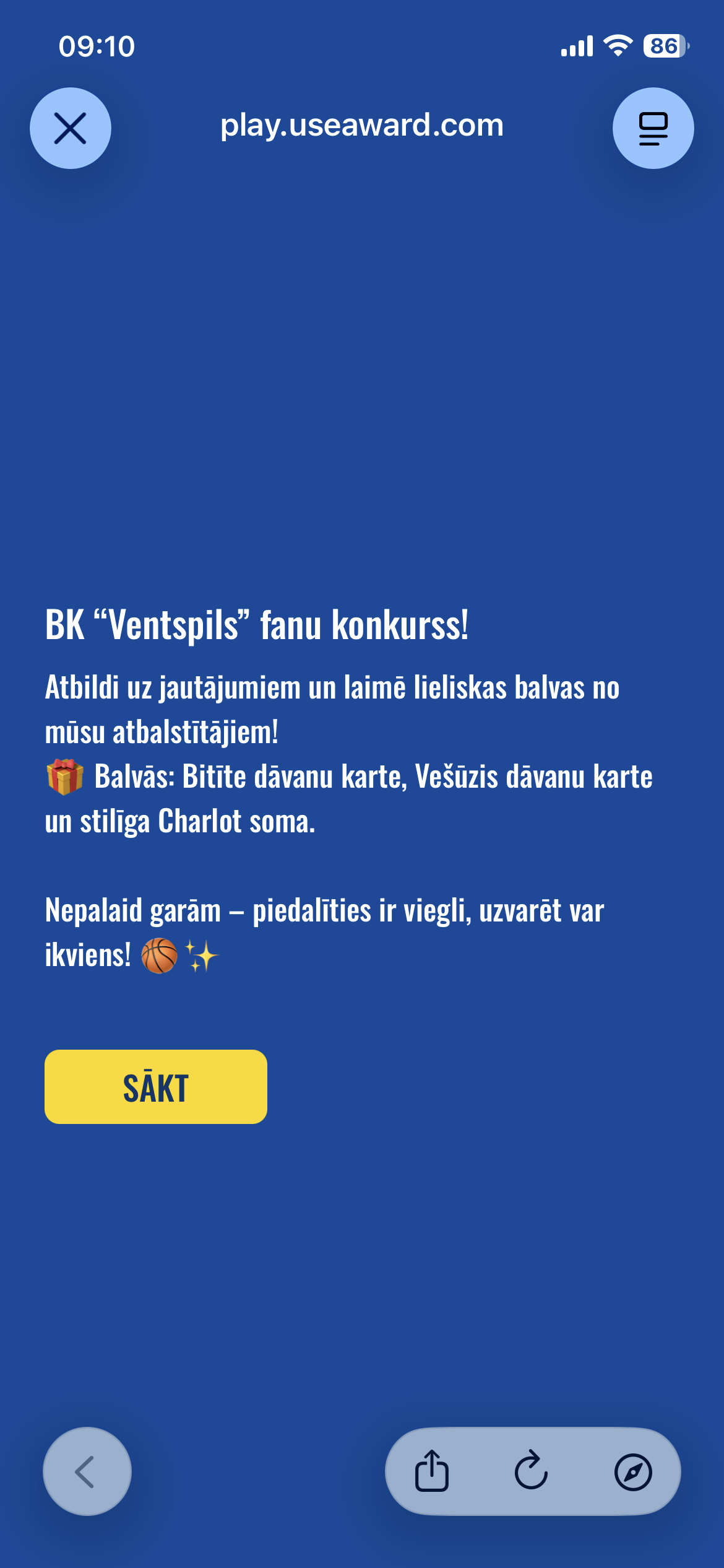 BK Ventspils fan quiz — intro screen with sponsor prizes
