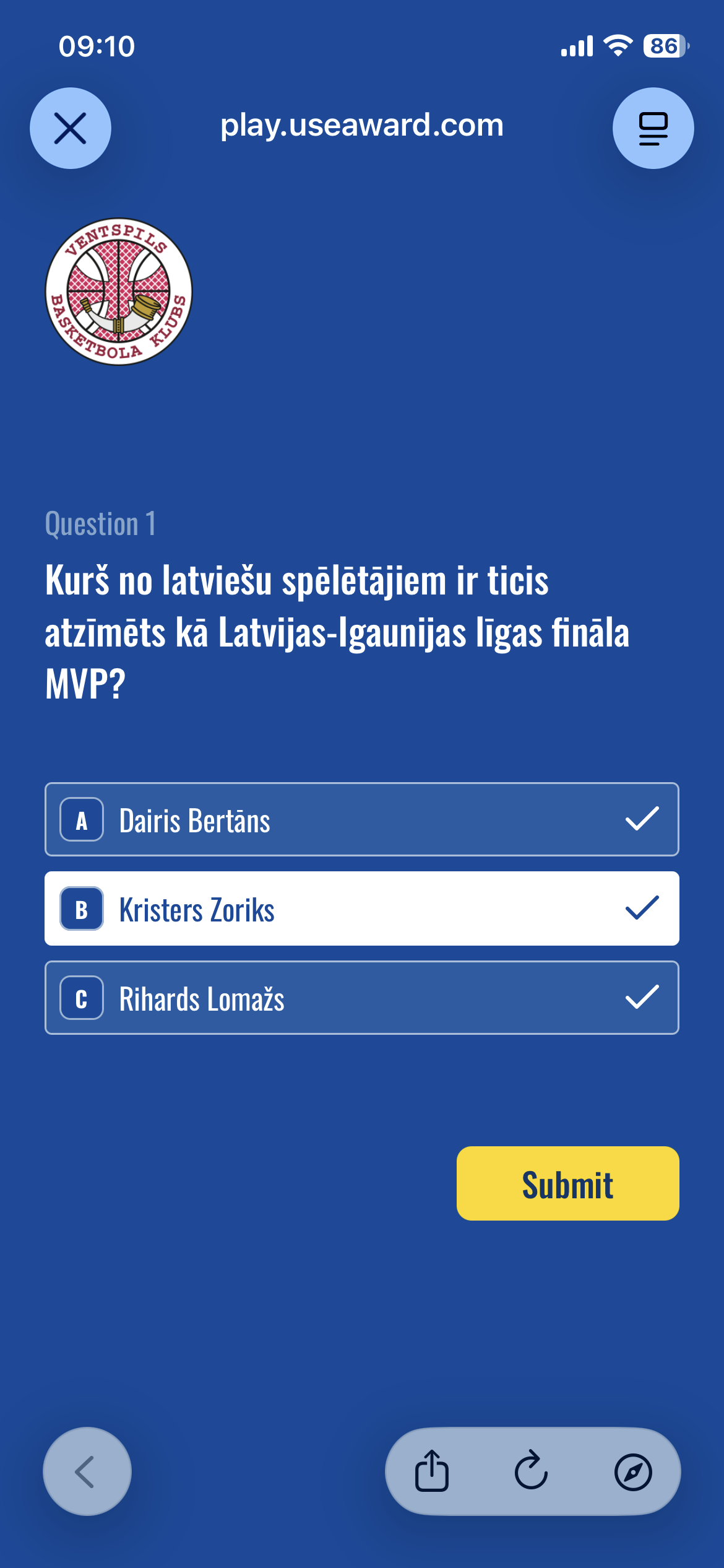 BK Ventspils fan quiz — trivia question screen