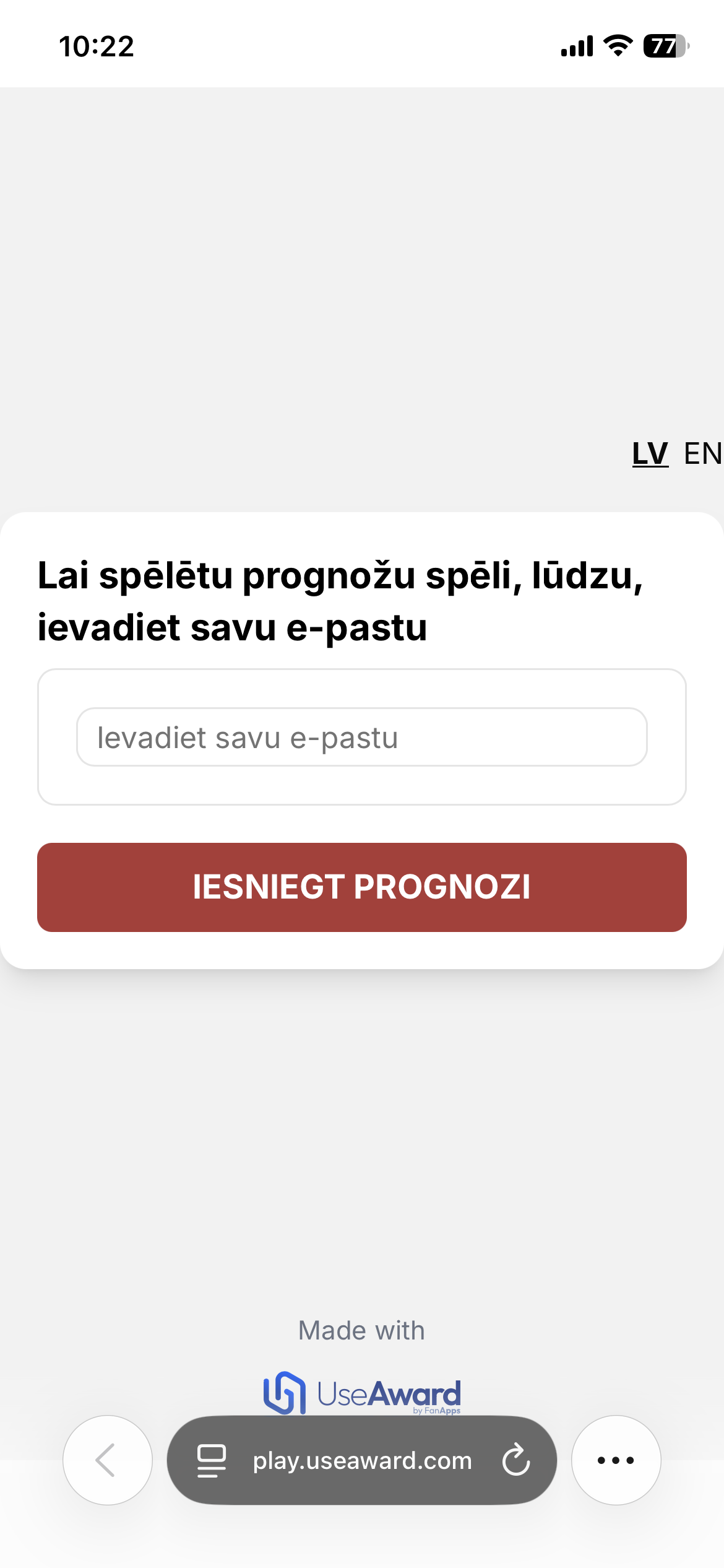 IIHF World Championship prediction game — email registration screen