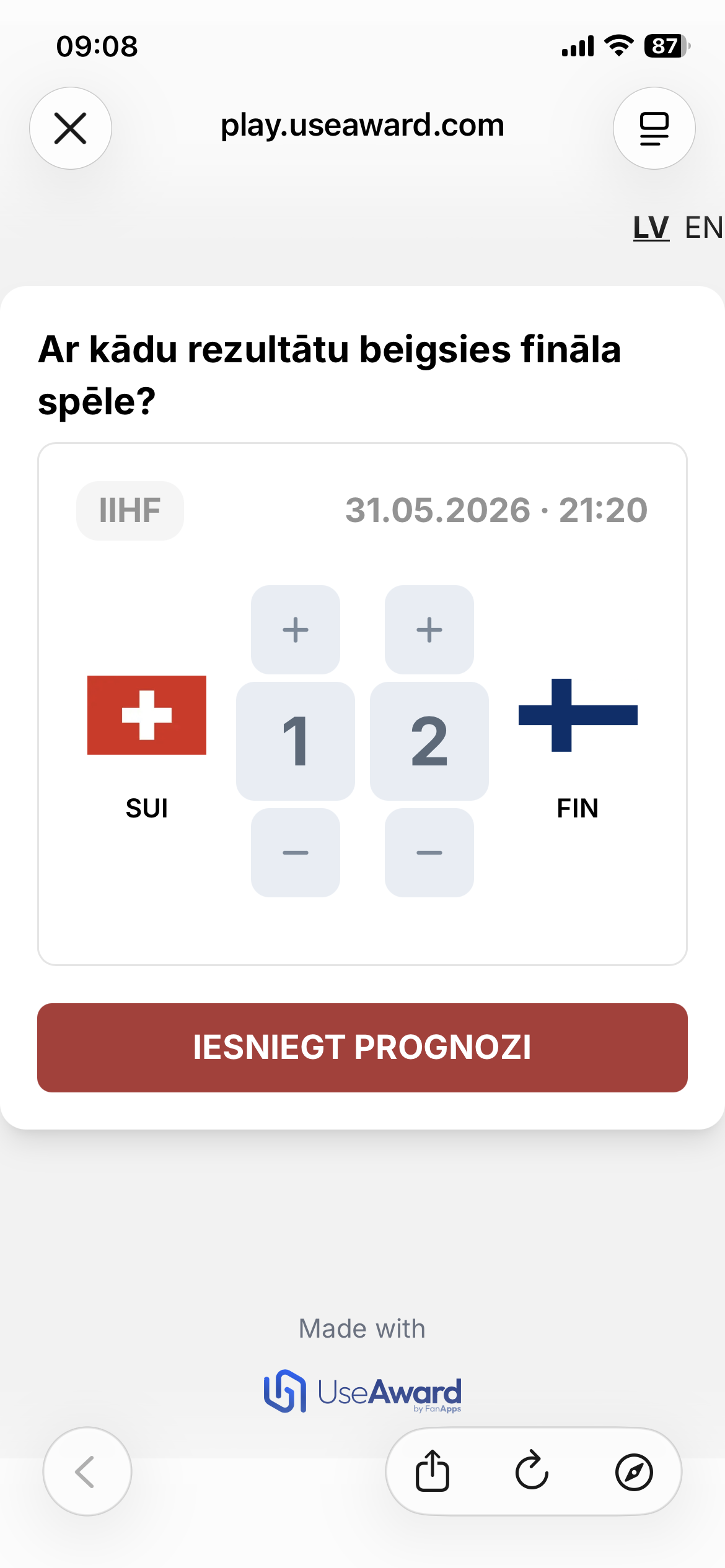 IIHF prediction game — score input screen
