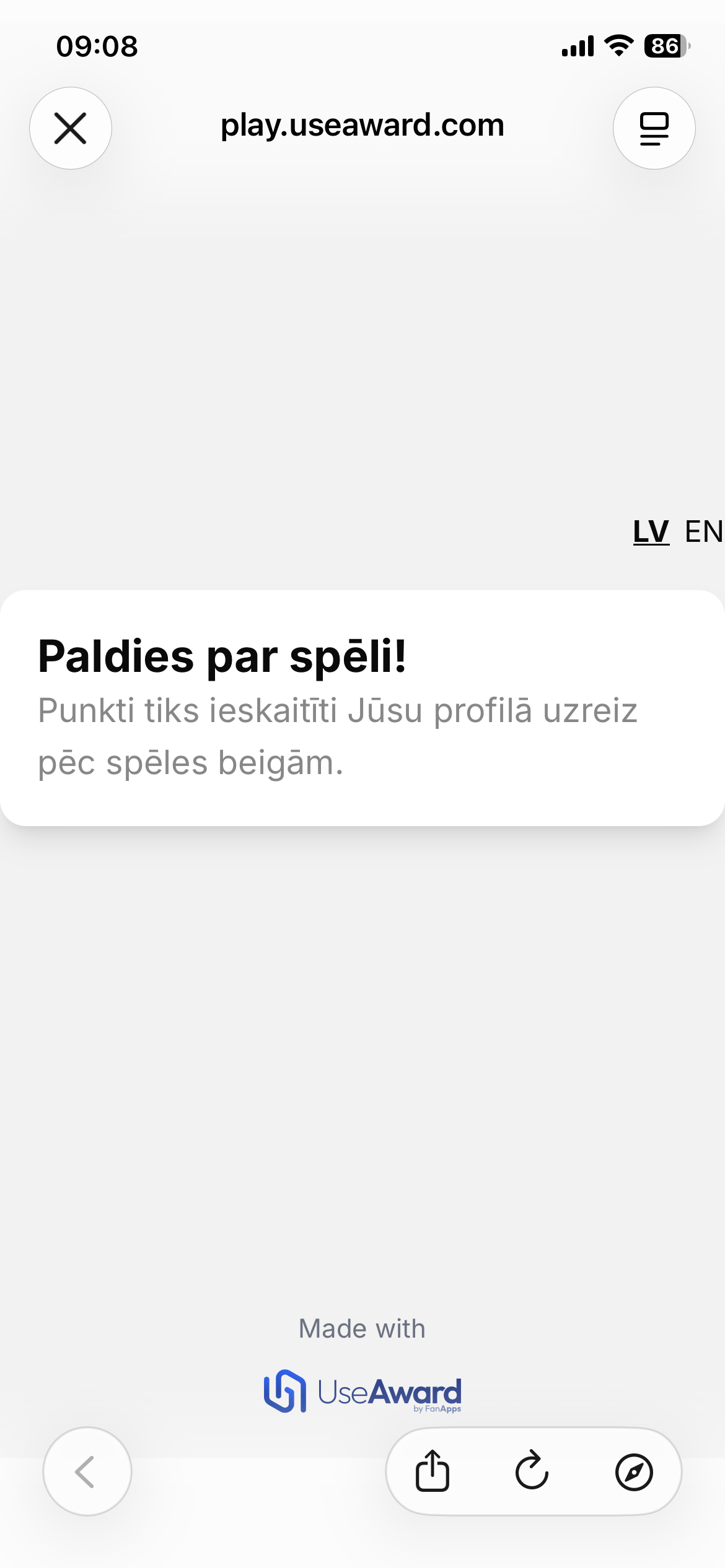 IIHF prediction game — thank-you confirmation screen