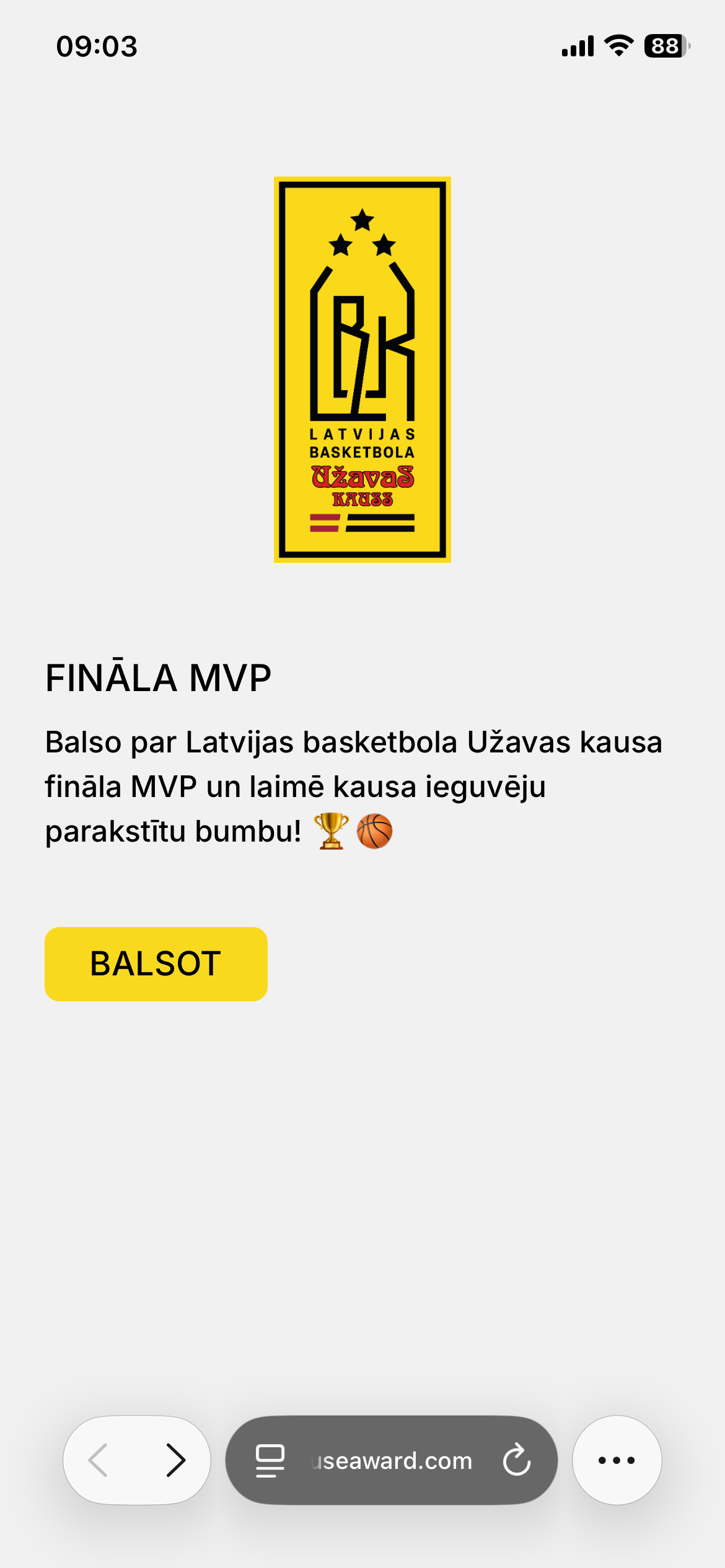 Latvian Basketball Užavas Cup — MVP voting intro screen