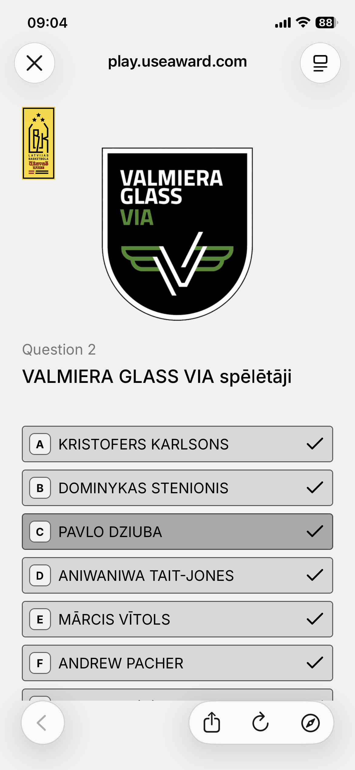 Užavas Kauss MVP voting — player selection screen